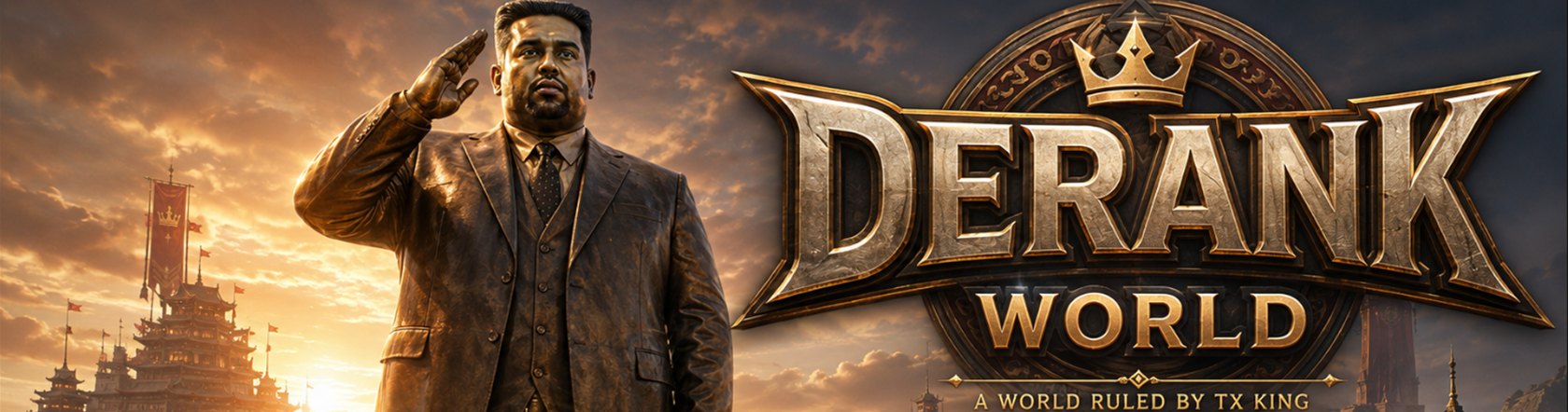 Estátua de bronze do TX King batendo continência diante de uma cidade ao pôr do sol, com o logo Derank World